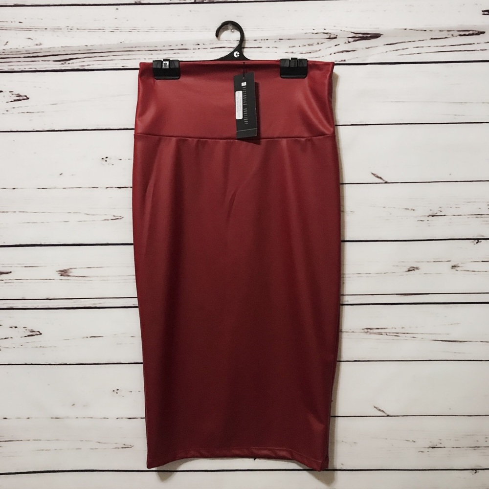 New Red matte leather pencil skirt